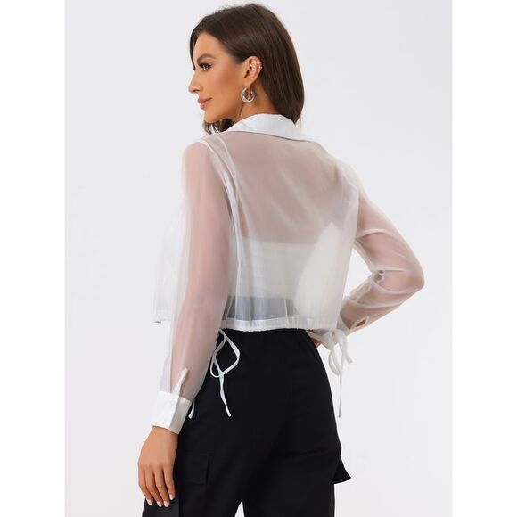 See Through Top Long Sleeve Button Down Cropped Jacket White - Picture 4 of 5